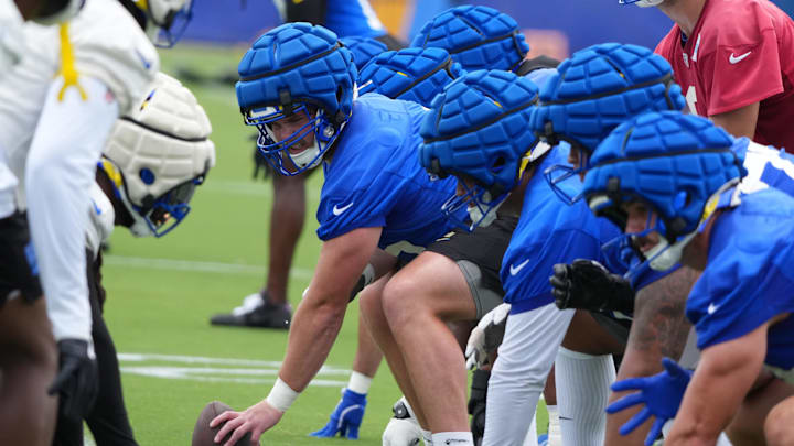 May 28, 2025; Woodland Hills, CA, USA; Los Angeles Rams center Coleman Shelton (65) readies to snap the ball during organized team activities at Rams Practice Facility. Mandatory Credit: Kirby Lee-Imagn Images May 28, 2025; Woodland Hills, CA, USA; Los Angeles Rams center Coleman Shelton (65) readies to snap the ball during organized team activities at Rams Practice Facility. Mandatory Credit: Kirby Lee-Imagn Images