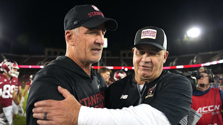 Sep 13, 2025; Stanford, California, USA; Stanford Cardinal head coach Frank Reich (left) and Boston College Eagles head coach Bill O'Brien (right) greet each other after the game at Stanford Stadium. Mandatory Credit: Darren Yamashita-Imagn Images Sep 13, 2025; Stanford, California, USA; Stanford Cardinal head coach Frank Reich (left) and Boston College Eagles head coach Bill O'Brien (right) greet each other after the game at Stanford Stadium. Mandatory Credit: Darren Yamashita-Imagn Images