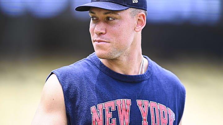 New York Yankees outfielder Aaron Judge (99) on the field before the game against the Los Angeles Dodgers at Dodger Stadium.