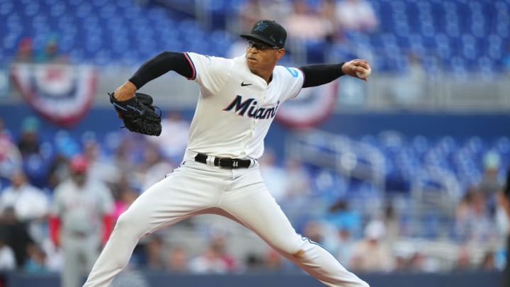 Apr 2, 2024; Miami, Florida, USA; Miami Marlins starting pitcher Jesus Luzardo (44) pitches from the mound.
