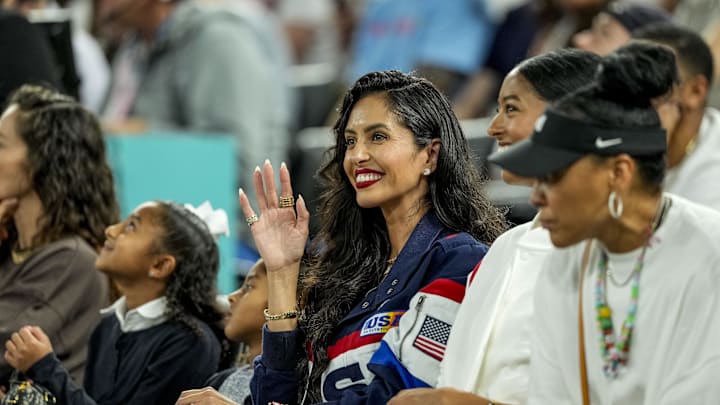 Aug 9, 2024; Paris, France; Vanessa Bryant and her family watch a women's basketball semifinal game during the Paris 2024 Olympic Summer Games at Accor Arena. Mandatory Credit: Kyle Terada-Imagn Images