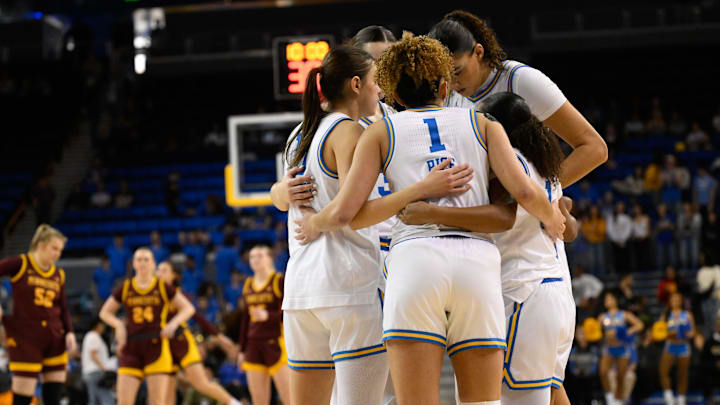 Feb 2, 2025; Los Angeles, California, USA; UCLA Bruins starting five: UCLA Bruins guard Kiki Rice (1), Gabriela Jaquez (11),  Angela Dugalic (32), Lauren Betts (51) and Londynn Jones (3) huddle before playing Minnesota Golden Gophers at Pauley Pavilion presented by Wescom. Mandatory Credit: Robert Hanashiro-Imagn Images