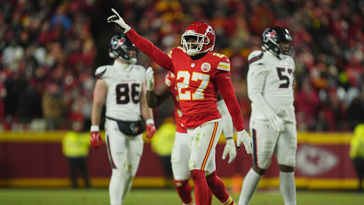Jan 18, 2025; Kansas City, Missouri, USA; Kansas City Chiefs safety Chamarri Conner (27) reacts after a tackle against the Houston Texans during the fourth quarter of a 2025 AFC divisional round game at GEHA Field at Arrowhead Stadium. Mandatory Credit: Jay Biggerstaff-Imagn Images Jan 18, 2025; Kansas City, Missouri, USA; Kansas City Chiefs safety Chamarri Conner (27) reacts after a tackle against the Houston Texans during the fourth quarter of a 2025 AFC divisional round game at GEHA Field at Arrowhead Stadium. Mandatory Credit: Jay Biggerstaff-Imagn Images