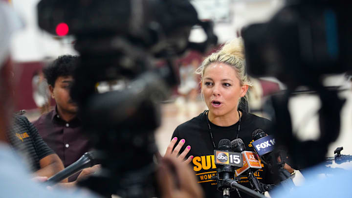 ASU head coach Molly Miller speaks to the press at Weatherup Center in Tempe, Ariz. on June 4, 2025. ASU head coach Molly Miller speaks to the press at Weatherup Center in Tempe, Ariz. on June 4, 2025.