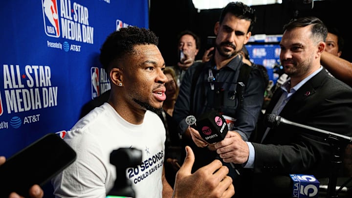 Feb 14, 2026; Inglewood, California, USA; Giannis Antetokounmpo speaks during interviews at media day at Intuit Dome. Mandatory Credit: William Liang-Imagn Images