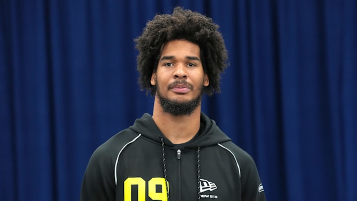 Feb 25, 2026; Indianapolis, IN, USA Southern California linebacker Eric Gentry (LB09) speaks during the NFL Scouting Combine at the Indiana Convention Center. Mandatory Credit: Kirby Lee-Imagn Images