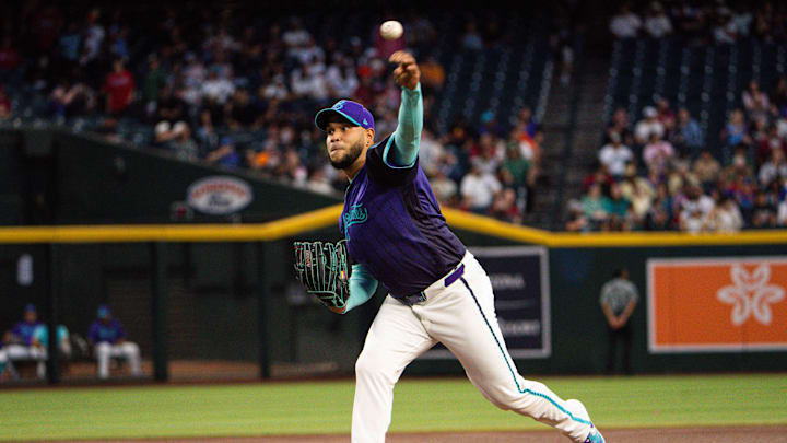 Apr 3, 2026; Phoenix, Arizona, USA; Arizona Diamondbacks pitcher Eduardo Rodriguez (57) throws during the first inning of the game against the Atlanta Braves at Chase Field. Mandatory Credit: Arianna Grainey-Imagn Images