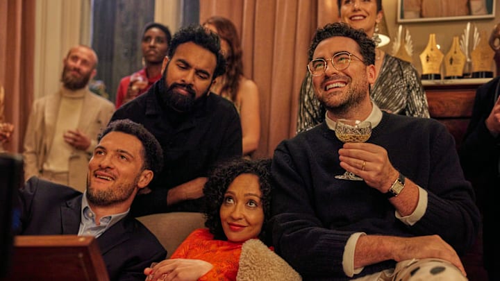 Good Grief. (L to R) Jamael Westman as Terrance, Himesh Patel as Thomas, Ruth Negga as Sophie and Daniel Levy (writer/director/producer) stars as Marc and in Good Grief. Cr. Credit: Chris Baker / Netflix © 2023.