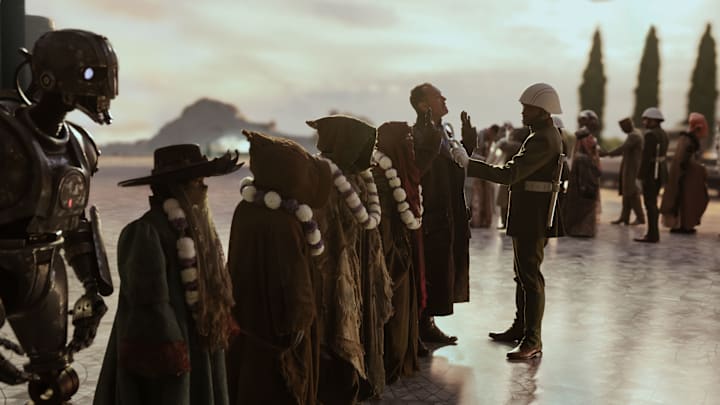 (L-R) SM-33 (Nick Frost), Wim (Ravi Cabot-Conyers), Neel (Robert Timothy Smith), Fern (Ryan Kiera Armsttrong), KB (Kyriana Kratter) and Jod (Jude Law) in Lucasfilm’s STAR WARS: SKELETON CREW, exclusively on Disney+. Photo by Matt Kennedy. ©2024 Lucasfilm Ltd. & TM. All Rights Reserved.