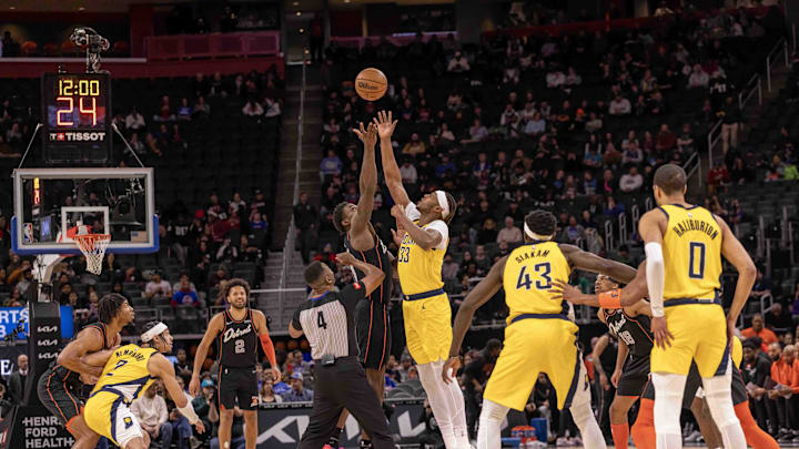 Mar 20, 2024; Detroit, Michigan, USA; Detroit Pistons center Jalen Duren (0) starts the game with a