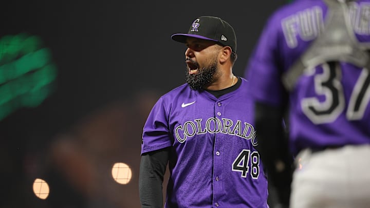 Sep 26, 2025; San Francisco, California, USA; Colorado Rockies starting pitcher German Marquez (48) yells towards the home plate umpire during after the bottom of the third inning against the San Francisco Giants at Oracle Park. Mandatory Credit: Kelley L Cox-Imagn Images Sep 26, 2025; San Francisco, California, USA; Colorado Rockies starting pitcher German Marquez (48) yells towards the home plate umpire during after the bottom of the third inning against the San Francisco Giants at Oracle Park. Mandatory Credit: Kelley L Cox-Imagn Images