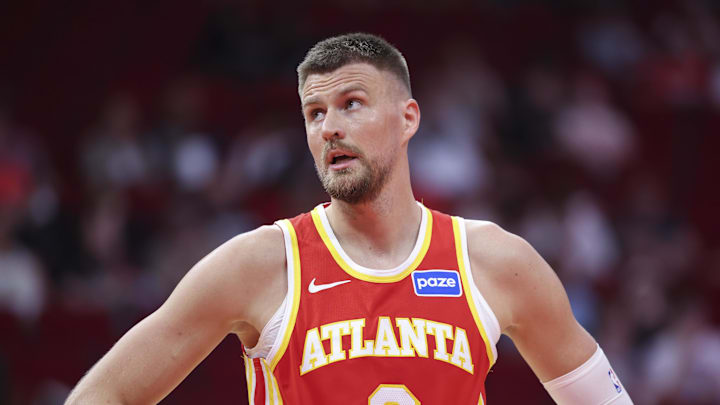 Atlanta Hawks forward/center Kristaps Porzingis reacts during the second quarter against the Houston Rockets at Toyota Center.