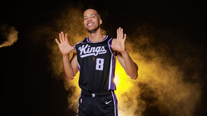 Sep 30, 2024; Sacramento, CA, USA; Sacramento Kings center Skal Labissiere (8) during media day at Golden 1 Center. Mandatory Credit: Sergio Estrada-Imagn Images