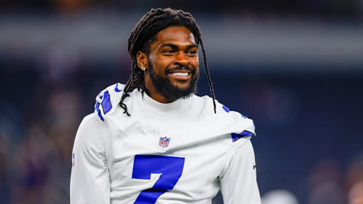 Aug 22, 2025; Arlington, Texas, USA; Dallas Cowboys cornerback Trevon Diggs (7) prior to the game against the Atlanta Falcons at AT&T Stadium. Mandatory Credit: Andrew Dieb-Imagn Images