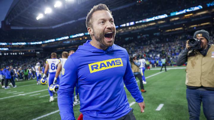 Nov 3, 2024; Seattle, Washington, USA; Los Angeles Rams head coach Sean McVay celebrates following an overtime victory against the Seattle Seahawks at Lumen Field. Mandatory Credit: Joe Nicholson-Imagn Images