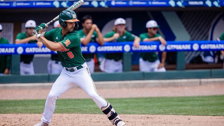 May 23, 2024; Charlotte, NC, USA; Miami (Fl) Hurricanes outfielder Lucas Costello (8) at bat in the third inning against the Clemson Tigers during the ACC Baseball Tournament at Truist Field. Mandatory Credit: Scott Kinser-Imagn Images