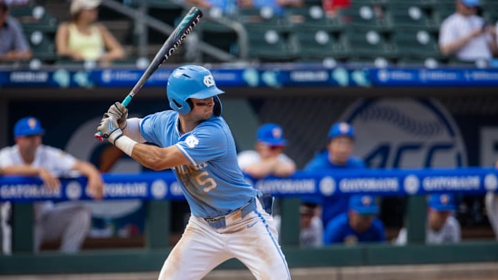 May 23, 2024; Charlotte, NC, USA; North Carolina Tar Heels infielder Gavin Gallaher (5) at bat in the seventh inning against the Pittsburgh Panthers during the ACC Baseball Tournament at Truist Field. Mandatory Credit: Scott Kinser-USA TODAY Sports
