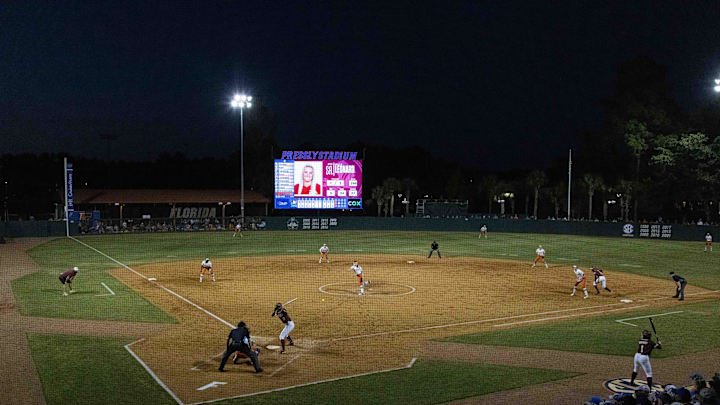 Florida Gators starting pitcher/relief pitcher Elizabeth Hightower (22) pitches in the 6th inning.