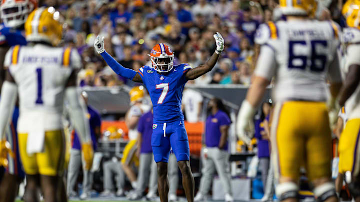 Nov 16, 2024; Gainesville, Florida, USA; Florida Gators defensive back Trikweze Bridges (7) gestures against the LSU Tigers during the second half at Ben Hill Griffin Stadium. Mandatory Credit: Matt Pendleton-Imagn Images