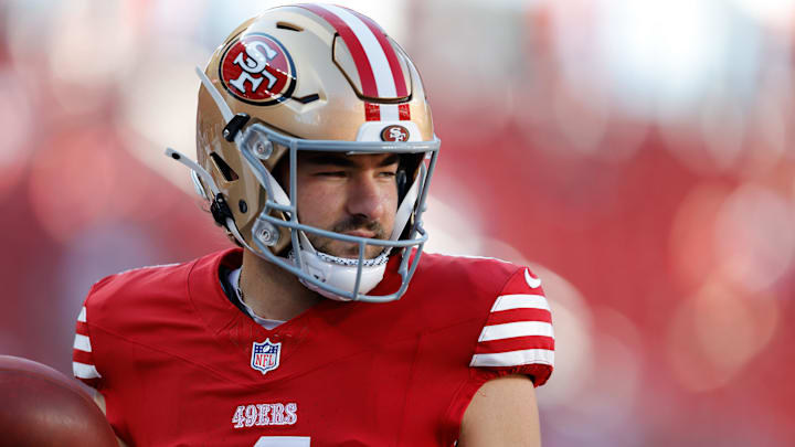 San Francisco 49ers place kicker Jake Moody (4) before a game against the Los Angeles Chargers at Levi's Stadium.
