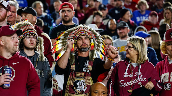 Oct 18, 2024; Durham, North Carolina, USA;  Florida State Seminoles fans during the second half of the game against Duke Blue Devils at Wallace Wade Stadium. Mandatory Credit: Jaylynn Nash-Imagn Images