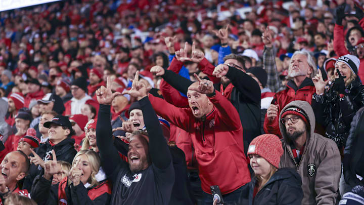 Nov 9, 2024; Salt Lake City, Utah, USA; Utah Utes fans react after a play against the Brigham Young Cougars during the second quarter at Rice-Eccles Stadium. Mandatory Credit: Rob Gray-Imagn Images
