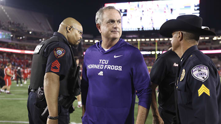 Nov 22, 2025; Houston, Texas, USA; TCU Horned Frogs head coach Sonny Dykes walks on the field after the game against the Houston Cougars at TDECU Stadium. Mandatory Credit: Troy Taormina-Imagn Images