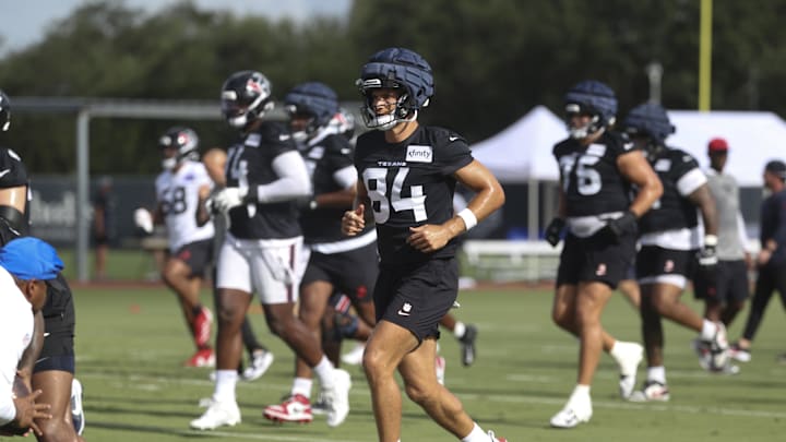 Jul 23, 2025; Houston, TX, USA;  Houston Texans wide receiver Justin Watson (84) during training camp at Houston Methodist Training Center. Mandatory Credit: Troy Taormina-Imagn Images
