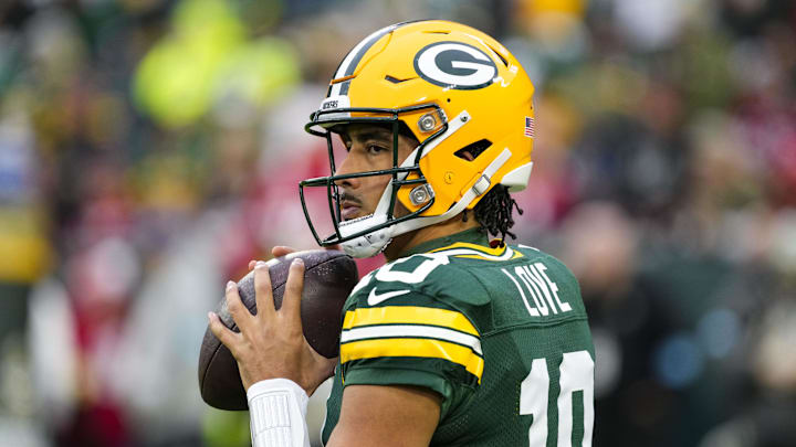 Nov 24, 2024; Green Bay, Wisconsin, USA;  Green Bay Packers quarterback Jordan Love (10) throws a pass during warmups prior to the game against the San Francisco 49ers at Lambeau Field. Mandatory Credit: Jeff Hanisch-Imagn Images