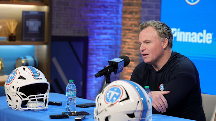 Titans general manager Mike Borgonzi speaks to members of the media during a pre NFL draft press conference held at the Titans practice facility Thursday, April 16, 2026.
