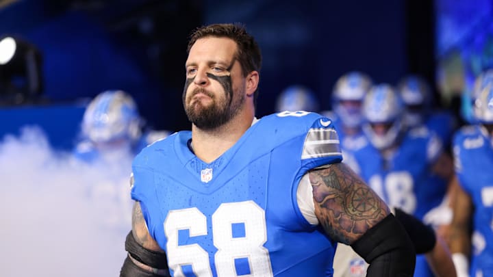 Nov 2, 2025; Detroit, Michigan, USA; Detroit Lions tackle Taylor Decker (68) enters the field before the game against the Minnesota Vikings at Ford Field. Mandatory Credit: David Reginek-Imagn Images