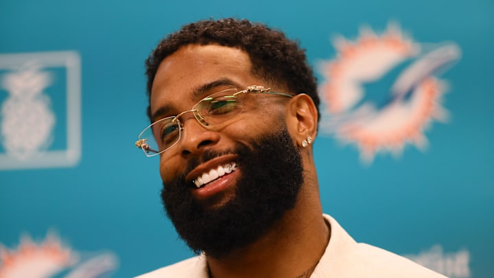 May 15, 2024; Miami Gardens, FL, USA; Miami Dolphins wide receiver Odell Beckham Jr. speaks to the