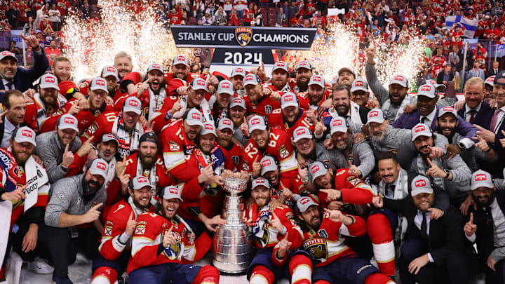 Jun 24, 2024; Sunrise, Florida, USA; The Florida Panthers celebrate wininng the Stanley Cup against the Edmonton Oilers in game seven of the 2024 Stanley Cup Final at Amerant Bank Arena. Mandatory Credit: Jim Rassol-USA TODAY Sports