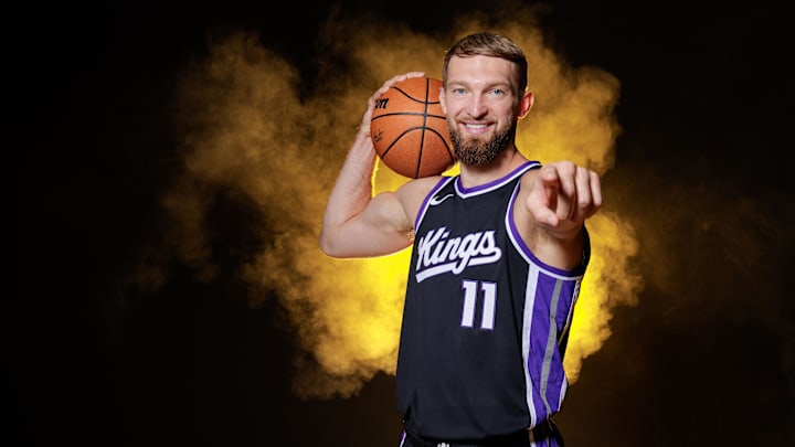 Sep 30, 2024; Sacramento, CA, USA; Sacramento Kings forward Domantas Sabonis (11) during media day at Golden 1 Center. Mandatory Credit: Sergio Estrada-Imagn Images