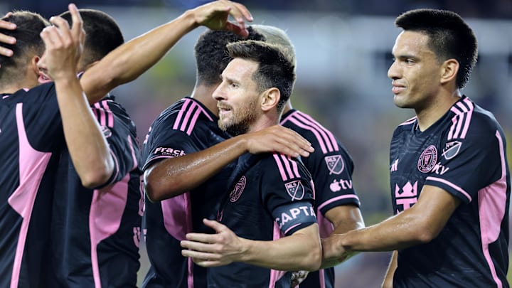 Lionel Messi celebrates one of his two goals against Columbus Crew