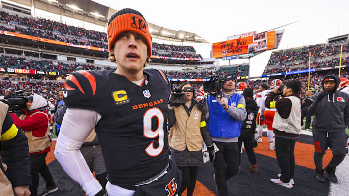 Jan 4, 2026; Cincinnati, Ohio, USA; Cincinnati Bengals quarterback Joe Burrow (9) walks to the locker room following a loss against the Cleveland Browns at Paycor Stadium. Mandatory Credit: Joseph Maiorana-Imagn Images
