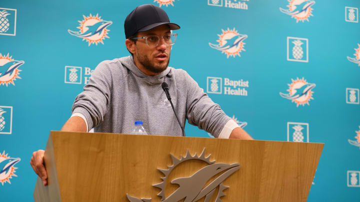 Jul 24, 2024; Miami Gardens, FL, USA; Miami Dolphins head coach Mike McDaniel talks to reporters during training camp at Baptist Health Training Complex. Jul 24, 2024; Miami Gardens, FL, USA; Miami Dolphins head coach Mike McDaniel talks to reporters during training camp at Baptist Health Training Complex.
