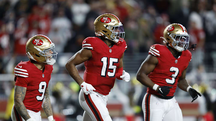 Dec 28, 2025; Santa Clara, California, USA; San Francisco 49ers wide receiver Jauan Jennings (15) celebrate after scoring a touchdown against the Chicago Bears in the second half at Levi's Stadium. Mandatory Credit: Sergio Estrada-Imagn Images