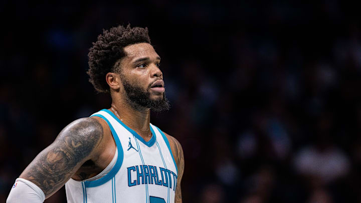 Mar 7, 2025; Charlotte, North Carolina, USA; Charlotte Hornets forward Miles Bridges (0) looks on during a break against the Cleveland Cavaliers during the third quarter at Spectrum Center. Mandatory Credit: Scott Kinser-Imagn Images