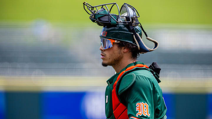 Miami (Fl) Hurricanes catcher Carlos Perez (61) walks off after the second inning against the Clemson Tigers during the ACC Baseball Tournament at Truist Field. 