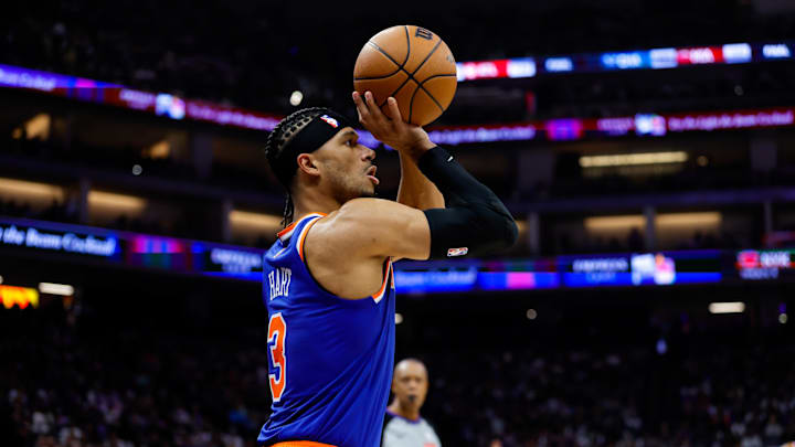 Mar 10, 2025; Sacramento, California, USA; New York Knicks guard Josh Hart (3) shoots the ball against the Sacramento Kings during the second quarter at Golden 1 Center. Mandatory Credit: Sergio Estrada-Imagn Images