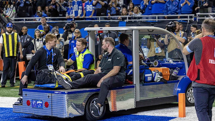 Dec 15, 2024; Detroit, Michigan, USA; Detroit Lions cornerback Khalil Dorsey (30) is carted off the field after injuring his right leg during the second quarter against the Buffalo Bills at Ford Field. Mandatory Credit: David Reginek-Imagn Images Dec 15, 2024; Detroit, Michigan, USA; Detroit Lions cornerback Khalil Dorsey (30) is carted off the field after injuring his right leg during the second quarter against the Buffalo Bills at Ford Field. Mandatory Credit: David Reginek-Imagn Images