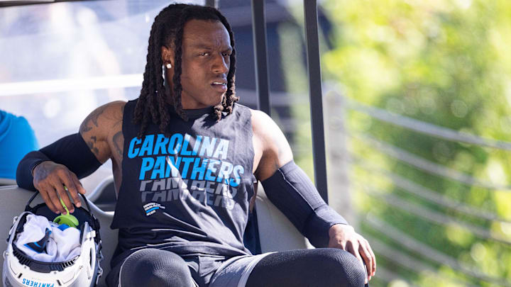 Jul 26, 2025; Charlotte, NC, USA; Carolina Panthers cornerback Jaycee Horn (8) rides to practice during training camp. Mandatory Credit: Scott Kinser-Imagn Images