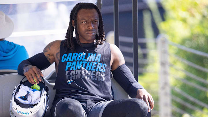 Jul 26, 2025; Charlotte, NC, USA; Carolina Panthers cornerback Jaycee Horn (8) rides to practice during training camp. Mandatory Credit: Scott Kinser-Imagn Images