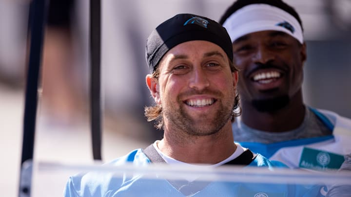 Jul 23, 2025; Charlotte, NC, USA; Carolina Panthers wide receiver Adam Thielen (19) rides to the field for Panthers Training Camp.  Mandatory Credit: Scott Kinser-Imagn Images