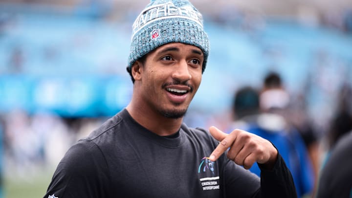 Oct 12, 2025; Charlotte, North Carolina, USA; Carolina Panthers running back Chuba Hubbard (30) looks on prior to the game against the Dallas Cowboys at Bank of America Stadium. Mandatory Credit: Scott Kinser-Imagn Images