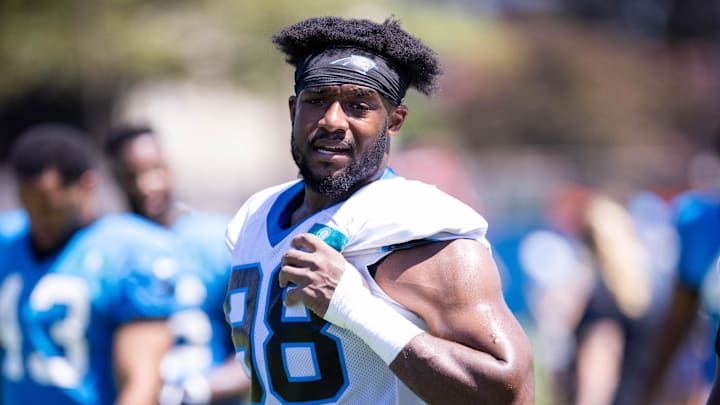 Jul 26, 2025; Charlotte, NC, USA; Carolina Panthers linebacker D.J. Wonnum (98) walks off after practice during training camp. Mandatory Credit: Scott Kinser-Imagn Images