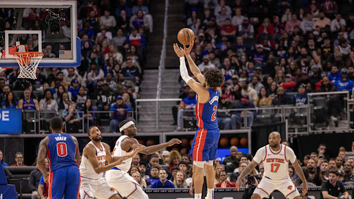 Apr 10, 2025; Detroit, Michigan, USA; Detroit Pistons guard Cade Cunningham (2) shoots the ball against the New York Knicks during the first half at Little Caesars Arena. Mandatory Credit: David Reginek-Imagn Images