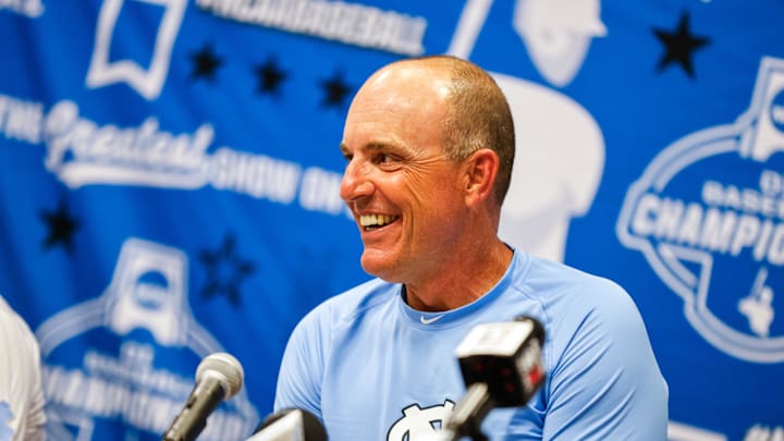 Jun 8, 2025; Chapel Hill, NC, USA; North Carolina head coach Scott Forbes during an interview with the media after a Super Regionals game against North Carolina in Chapel Hill, North Carolina. Scott Forbes also celebrates his 200th win. Mandatory Credit: Jaylynn Nash-Imagn Images Jun 8, 2025; Chapel Hill, NC, USA; North Carolina head coach Scott Forbes during an interview with the media after a Super Regionals game against North Carolina in Chapel Hill, North Carolina. Scott Forbes also celebrates his 200th win. Mandatory Credit: Jaylynn Nash-Imagn Images