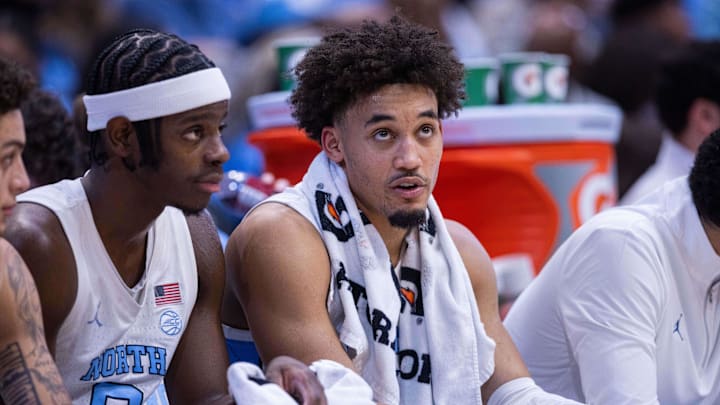 Dec 22, 2025; Chapel Hill, North Carolina, USA; North Carolina Tar Heels guard Seth Trimble (7) rests on the bench during the first half against the East Carolina Pirates at Dean E. Smith Center. Mandatory Credit: Scott Kinser-Imagn Images